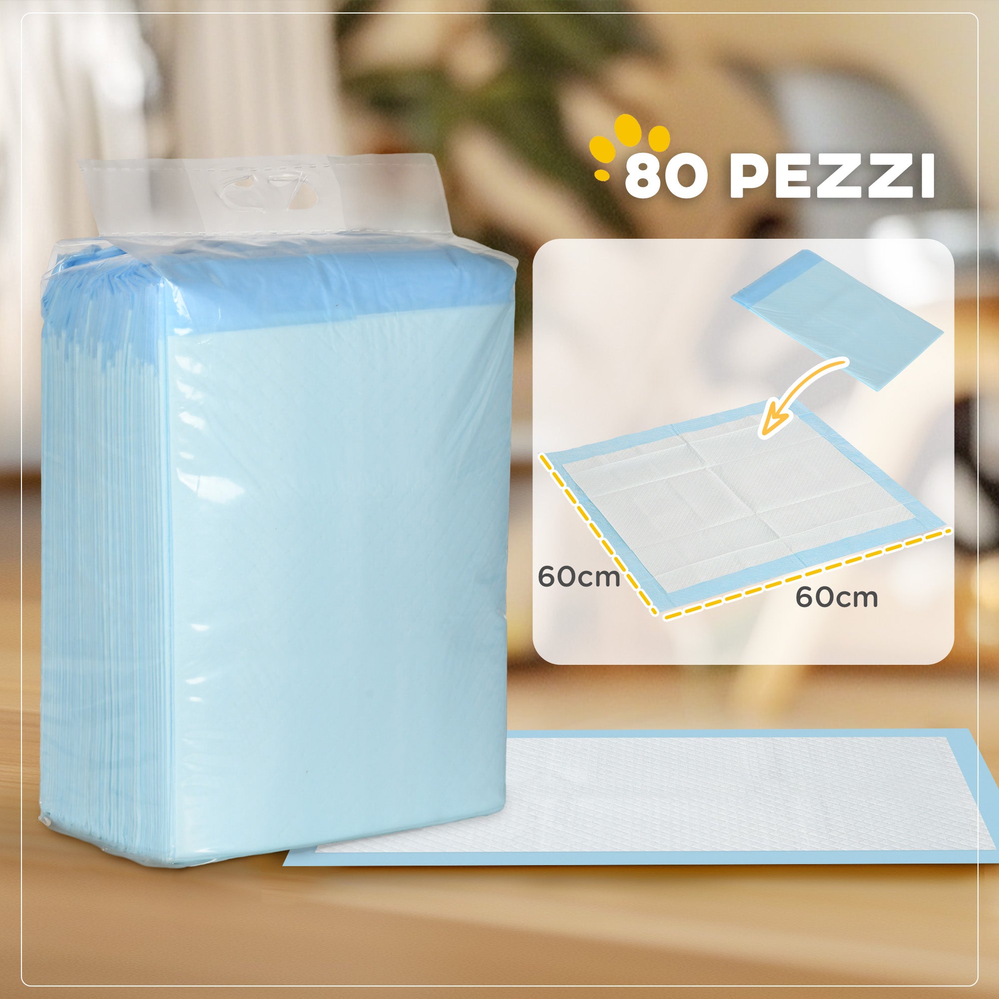 Set of 80 6-Layer Non-Woven, Paper, and PE Dog Toilet Pads, 60x60 cm, Blue and White
