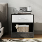 Modern Bedside Table with Open Shelf and Drawer, Wooden, 39x28x41 cm, White and Dark Grey