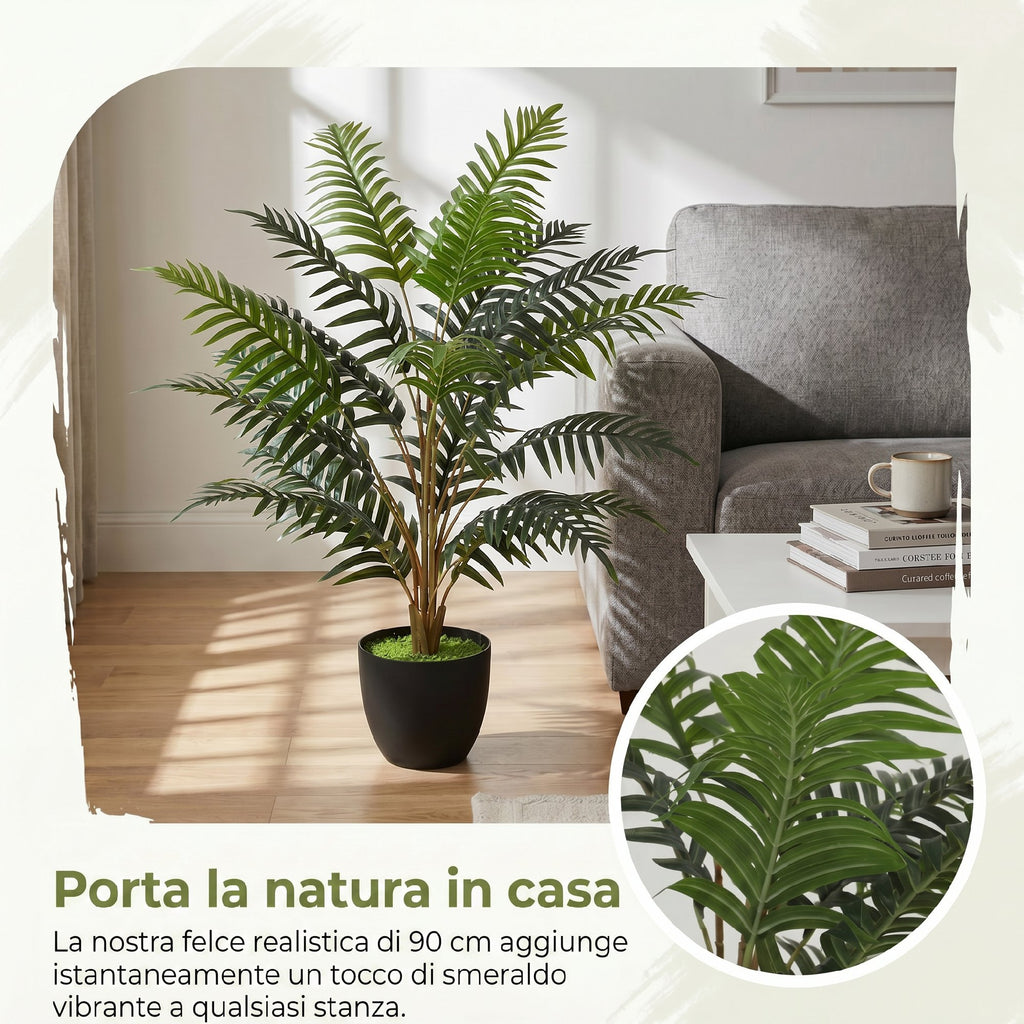 HOMCOM Artificial Fern Plant with 20 PEVA Leaves, Bendable Branches, Black PP and Cement Pot, Green