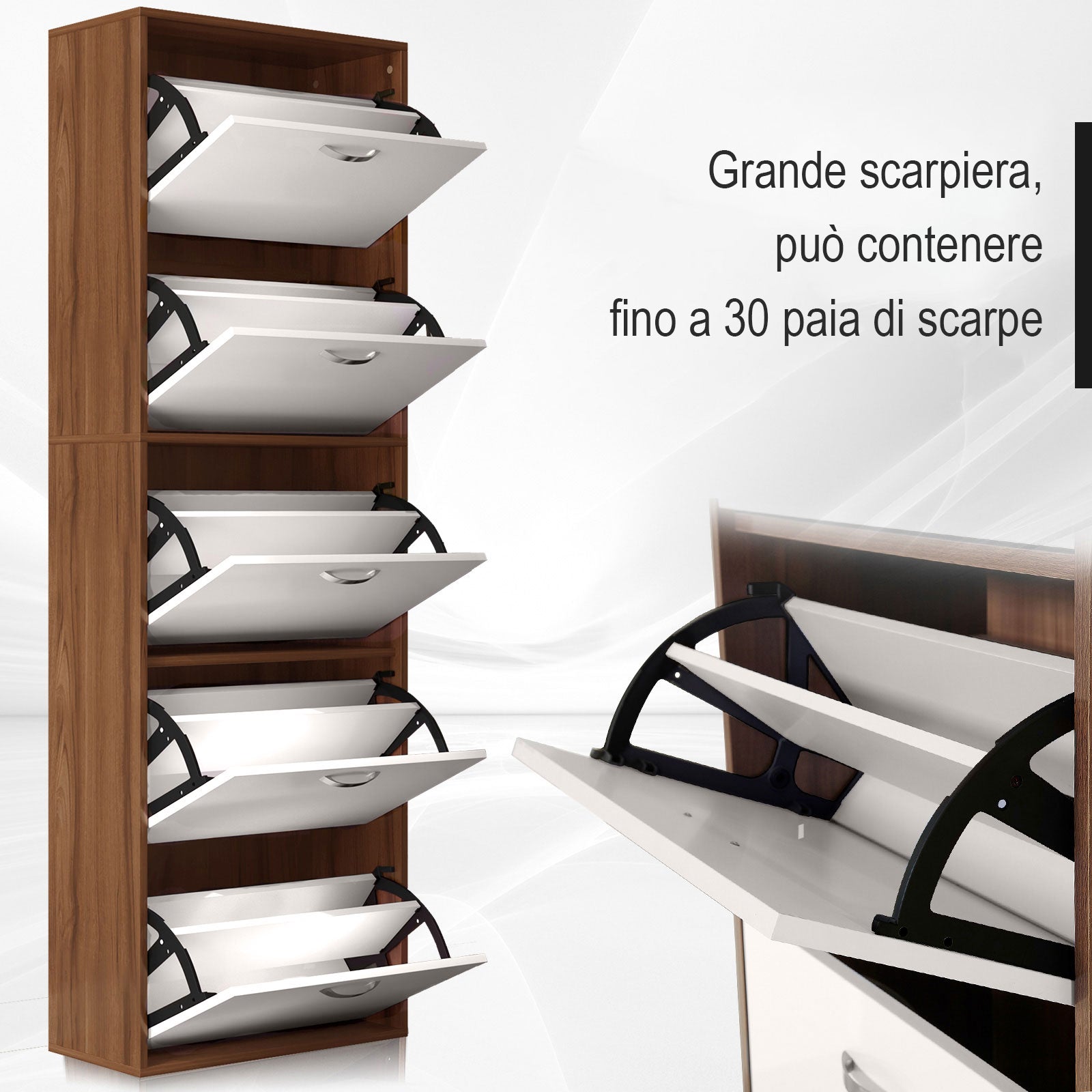Slim 5-Tier Shoe Rack with 2 Shelves per Level, in MDF, 60x28x189 cm, White and Brown - Borgè