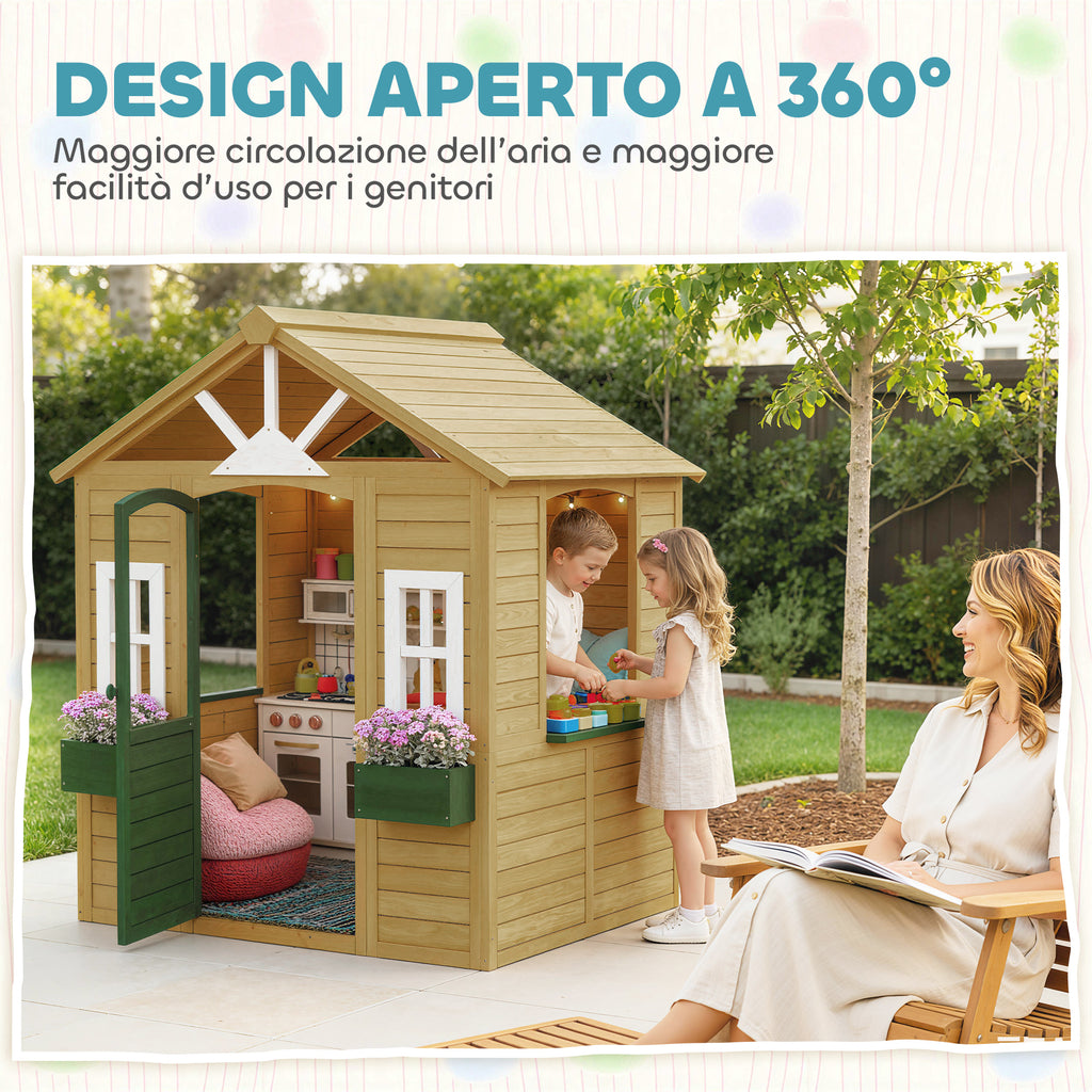 AIYAPLAY Children's Garden Playhouse Made of Fir Wood with Windows, 2 Planters, Door and Roof, Ages 3-8, Brown