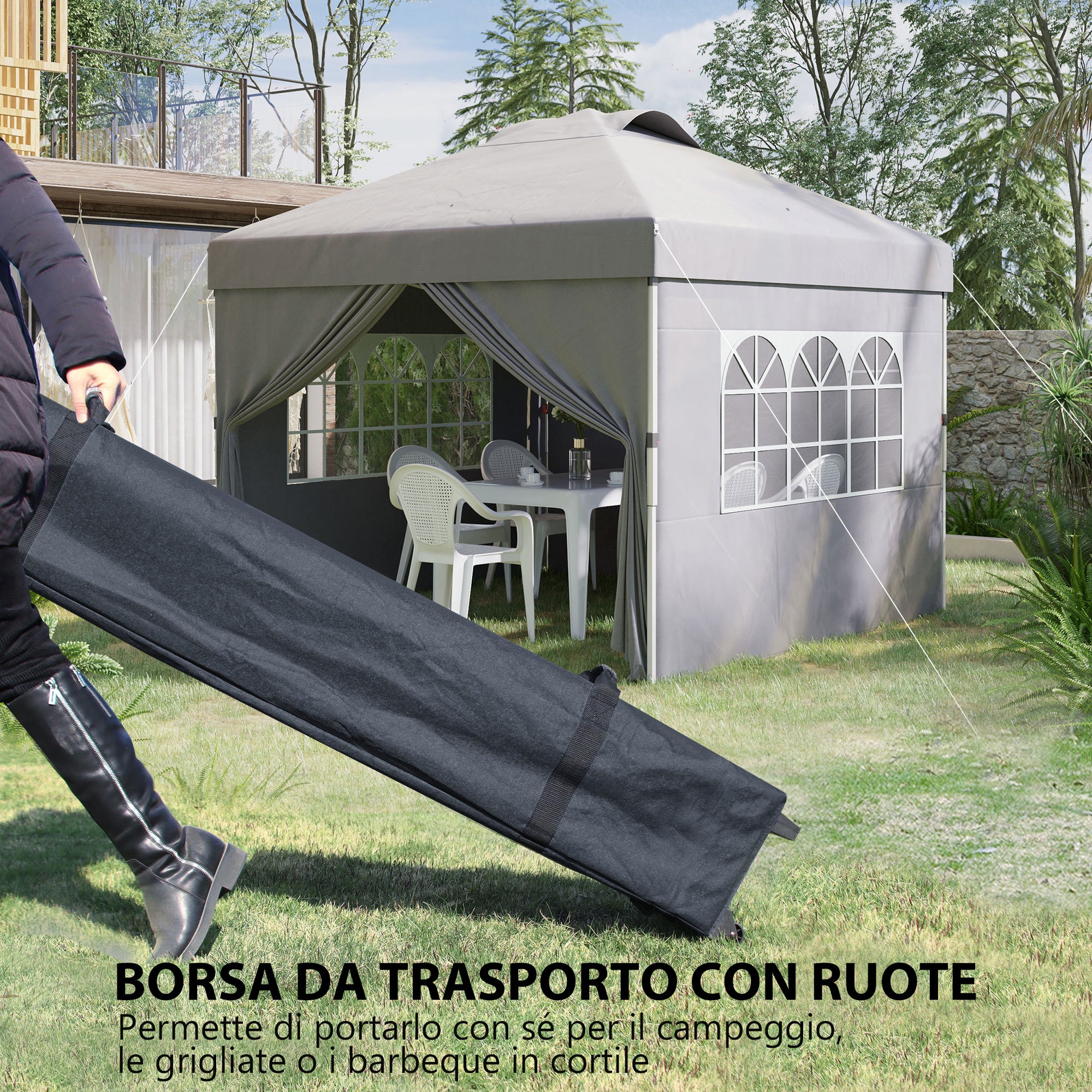 3x3m Folding Gazebo with 3-Level Adjustable Height, Windows and Carry Bag, Light Grey