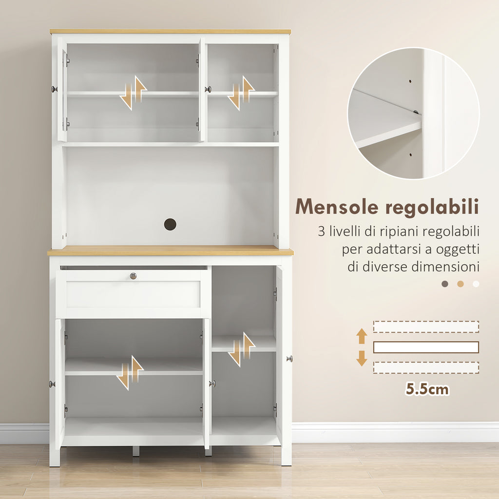 Kitchen Pantry with Drawers, Open Shelves and Adjustable Wooden Shelves, 100x40x180 cm, White
