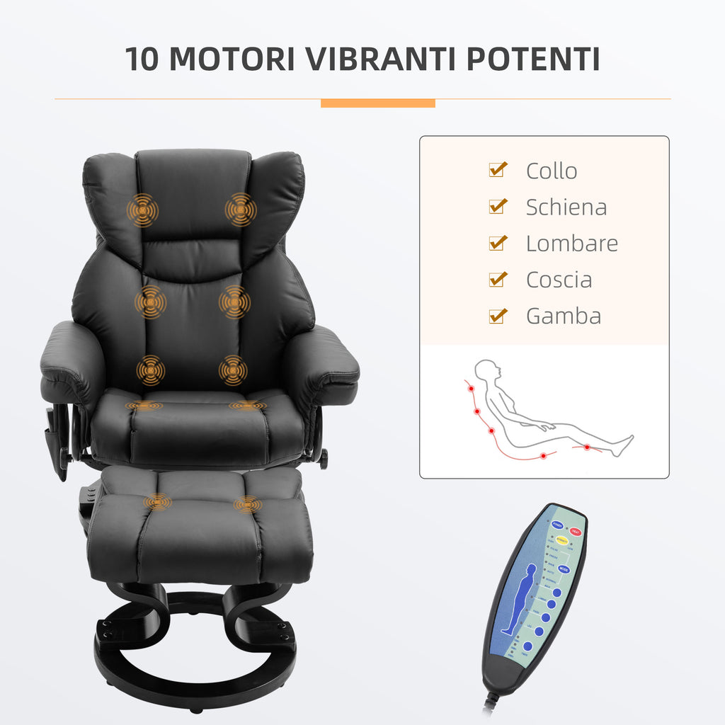 Relaxing Chair with Ottoman, Footrest and Massage Function, 145° Reclining and 360° Swivel, Black