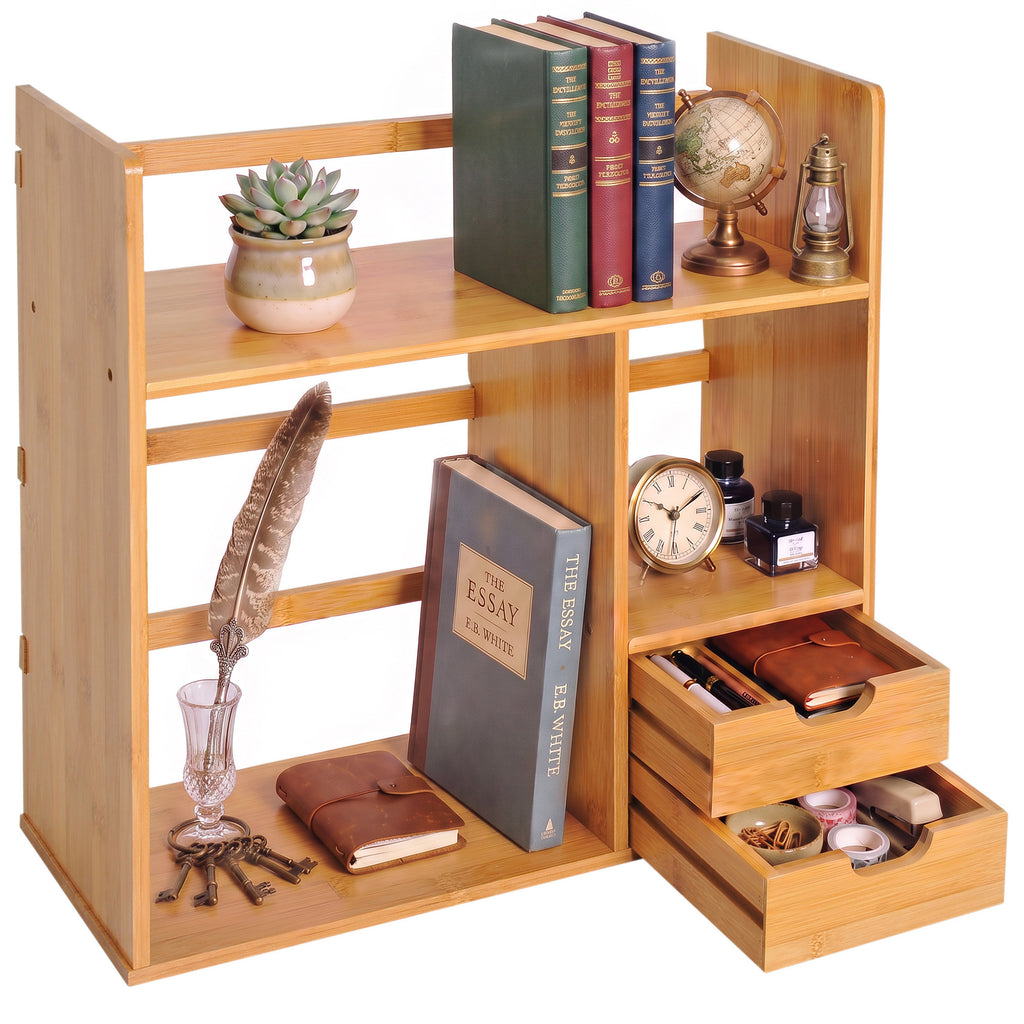HOMCOM Bamboo Desk Organizer with 2 Drawers, Multifunctional Stationery and Document Holder with Shelves, Reversible Use