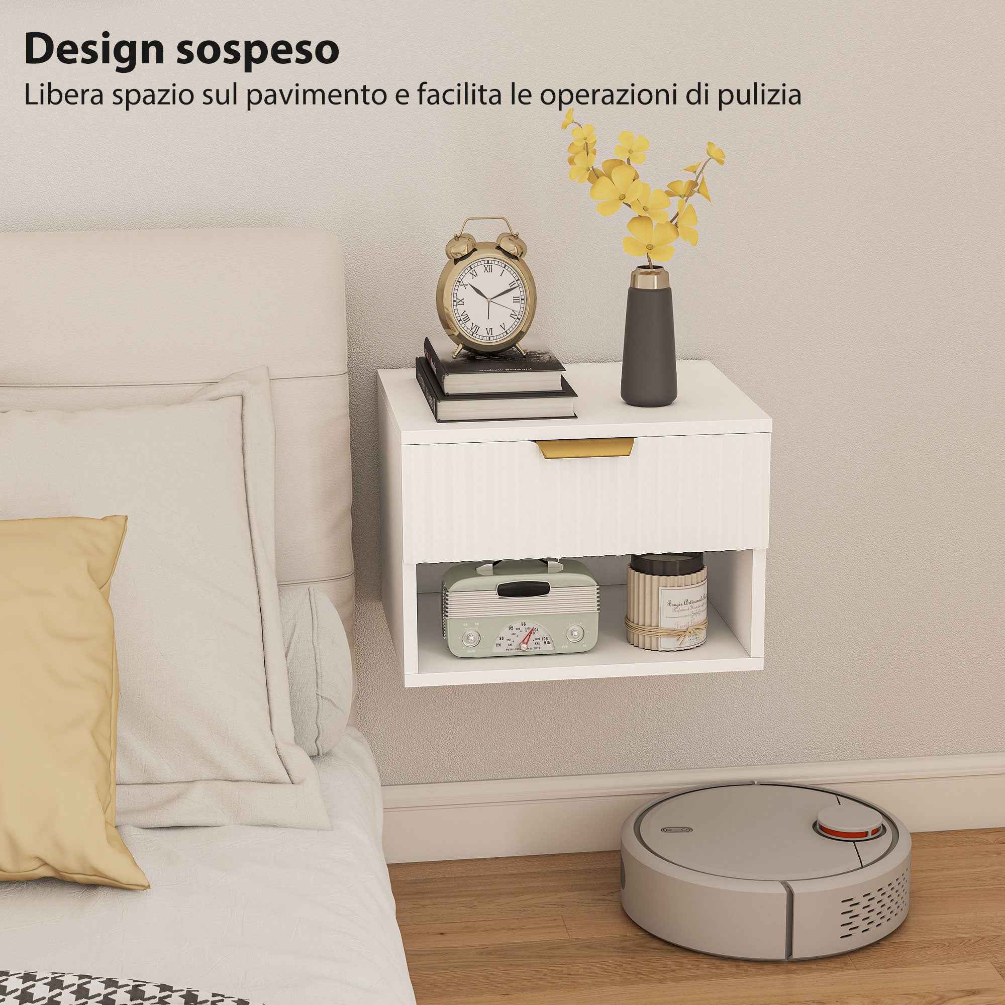 HOMCOM Set of 2 Floating Nightstands with Grooved Panels, Drawer and Shelf, 40x34x29 cm, White