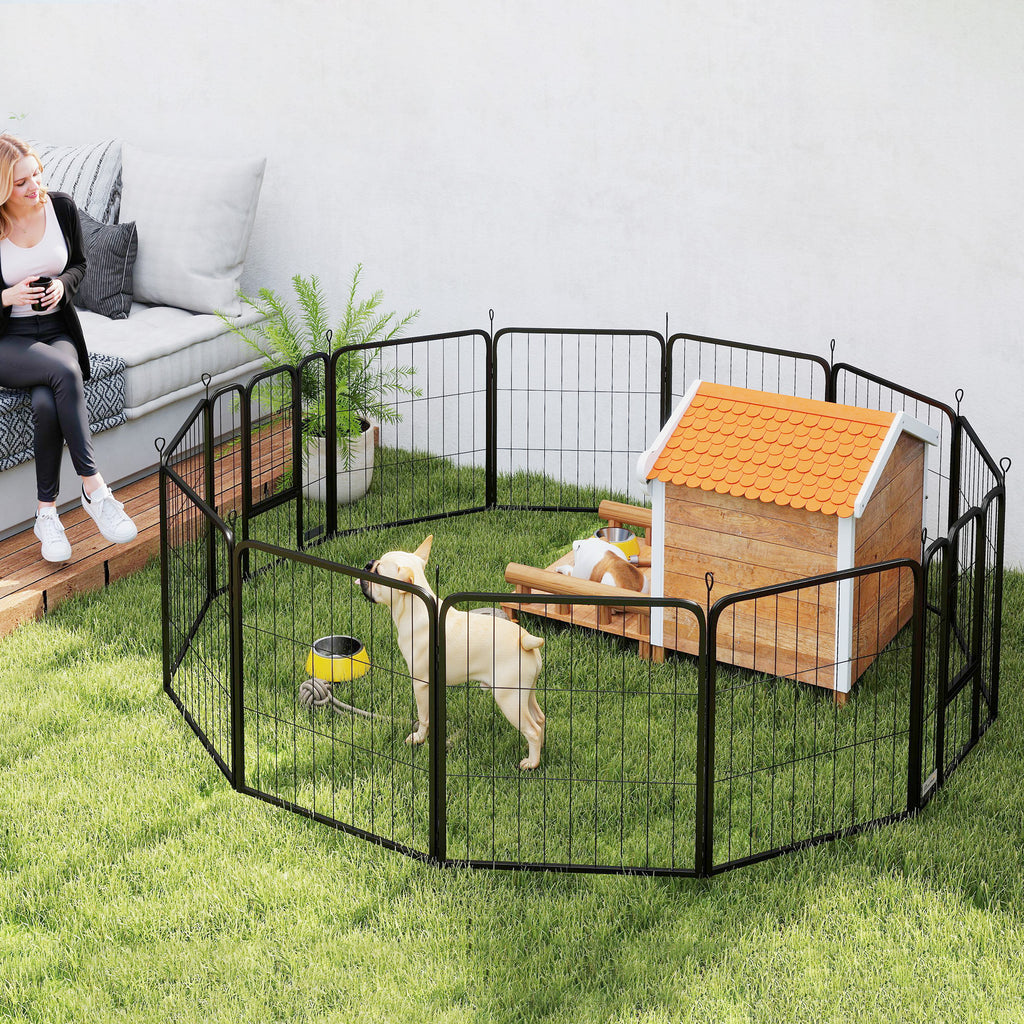 Dog Fence with 12 Modular Panels of 68x1.5x80cm in Black Steel with Entrance Door