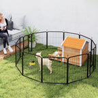 Dog Fence with 12 Modular Panels of 68x1.5x80cm in Black Steel with Entrance Door
