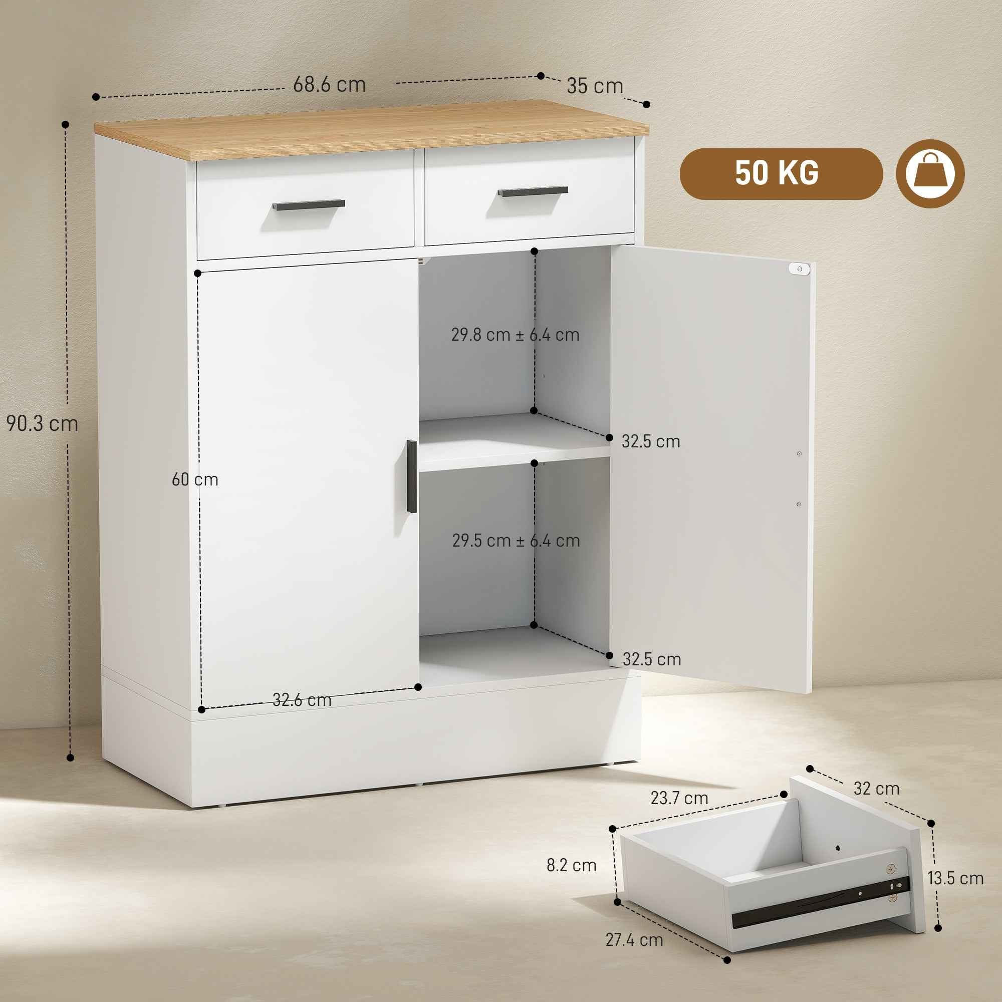 Modern Sideboard with 2 Drawers and 2 Doors, Adjustable Internal Shelf, White and Wood