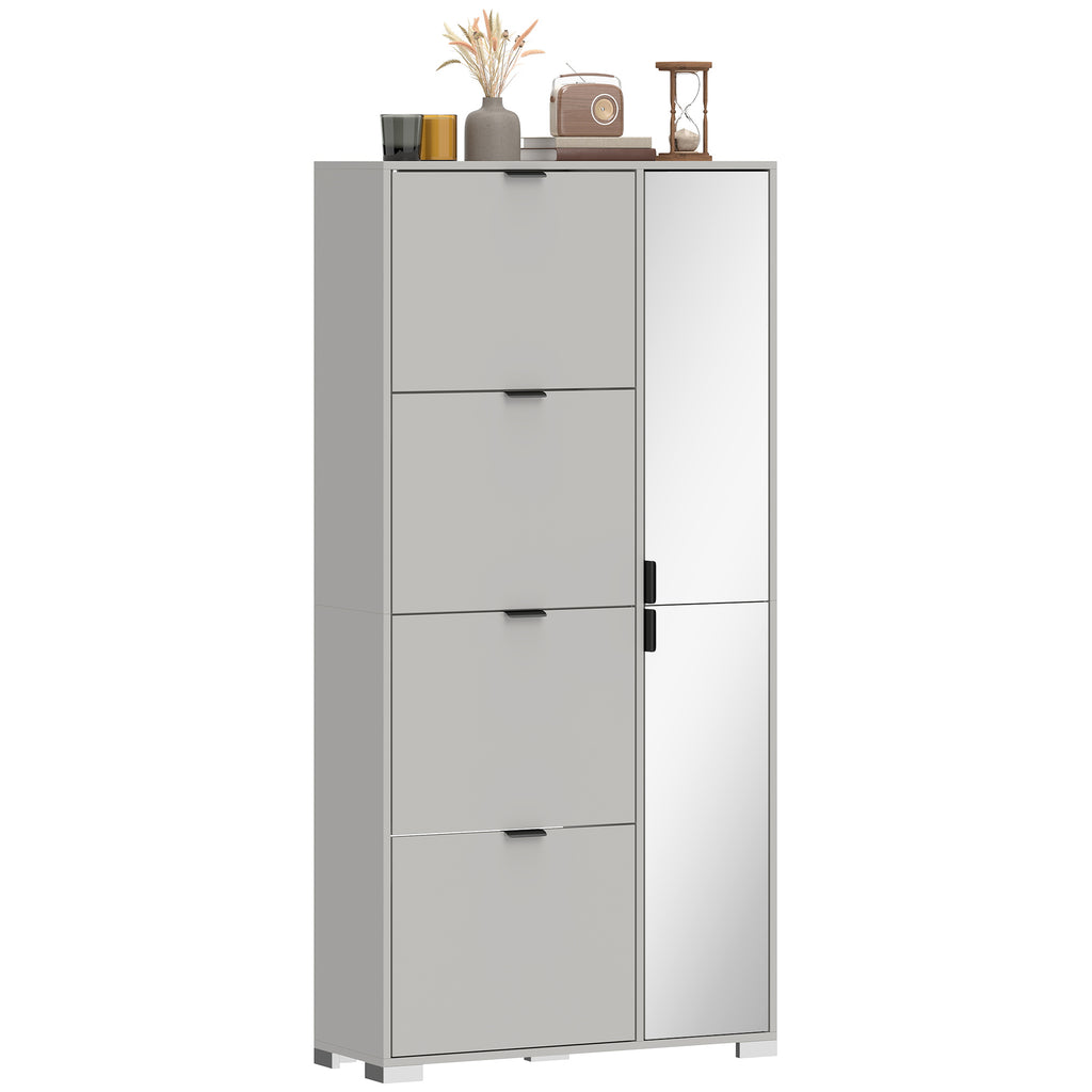 HOMCOM Shoe Rack with Mirror, 4 Drawers with Flap, Entrance Shoe Rack, Grey