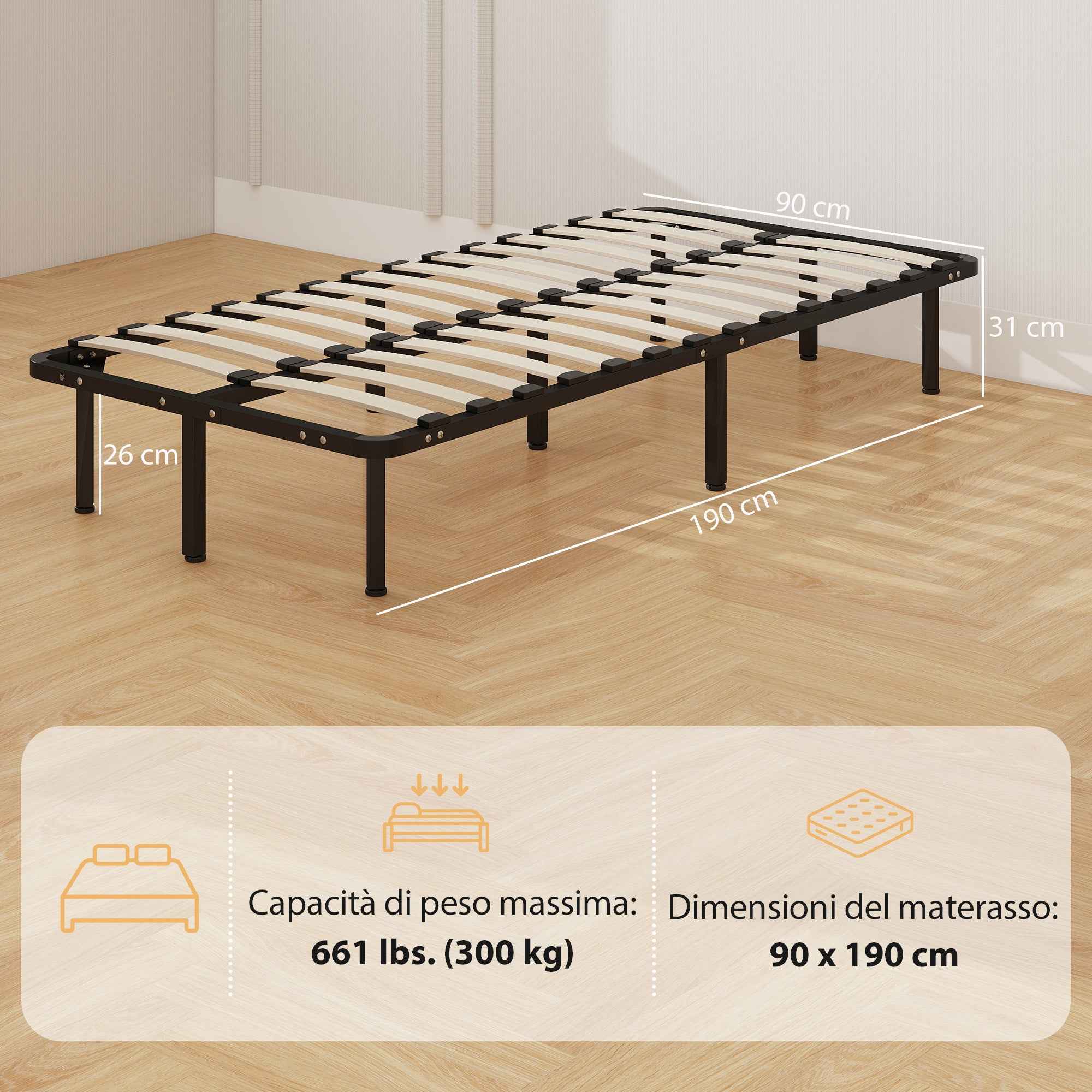 HOMCOM Industrial Bed Frame with 28 Slats and Storage Space, in Wood and Steel, 190x90x31 cm, Black and Wood