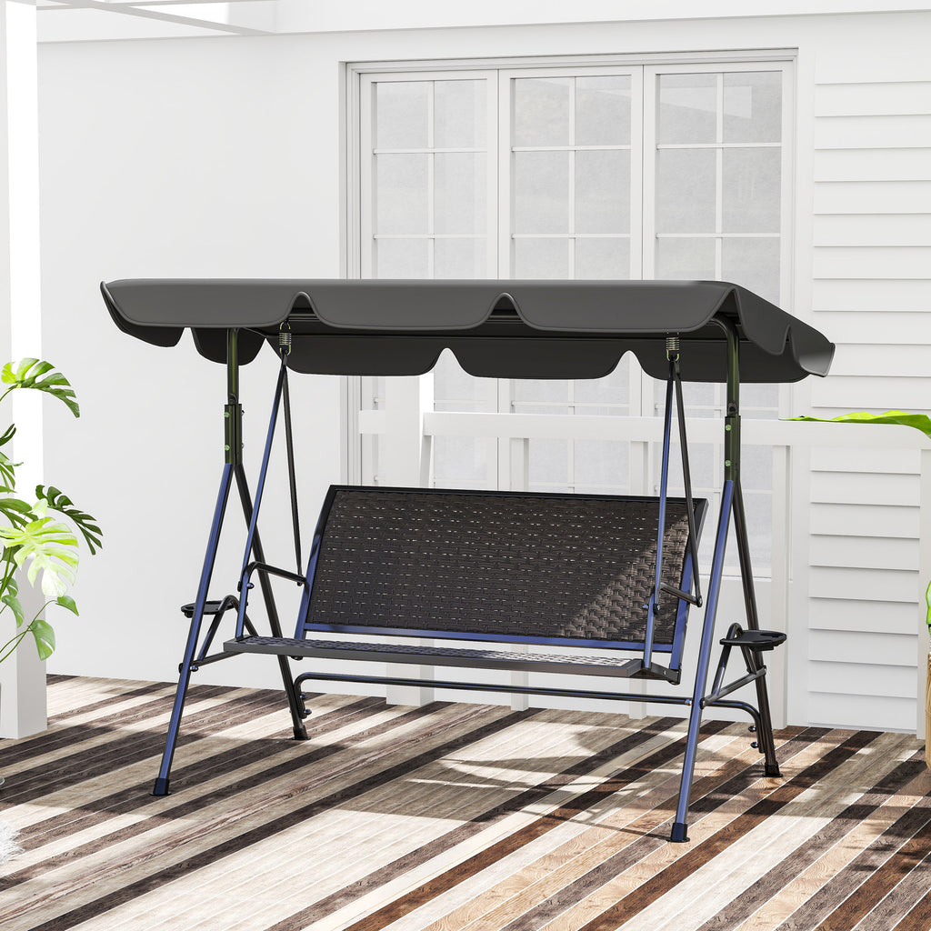 Outsunny 3-Seater Garden Swing in PE Rattan and Steel with Canopy and Cup Holder, 204x112x150 cm, Grey
