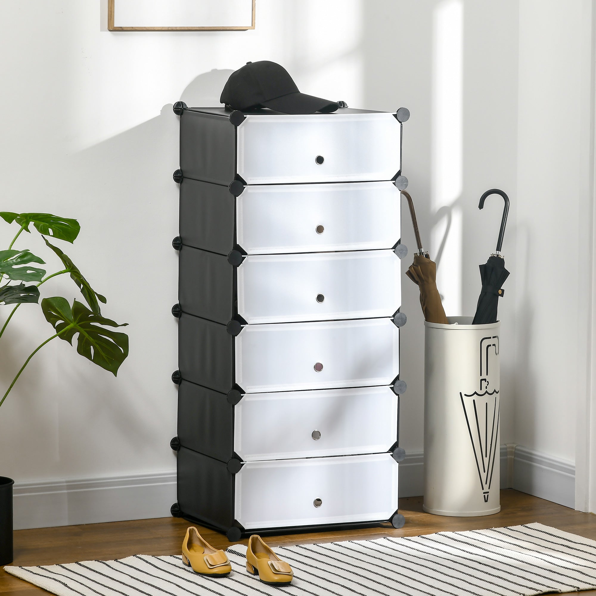 HOMCOM Space-Saving Modular Shoe Rack with 6 Storage Boxes in PP Plastic and Steel, 49x36.5x108 cm, Black and Transparent