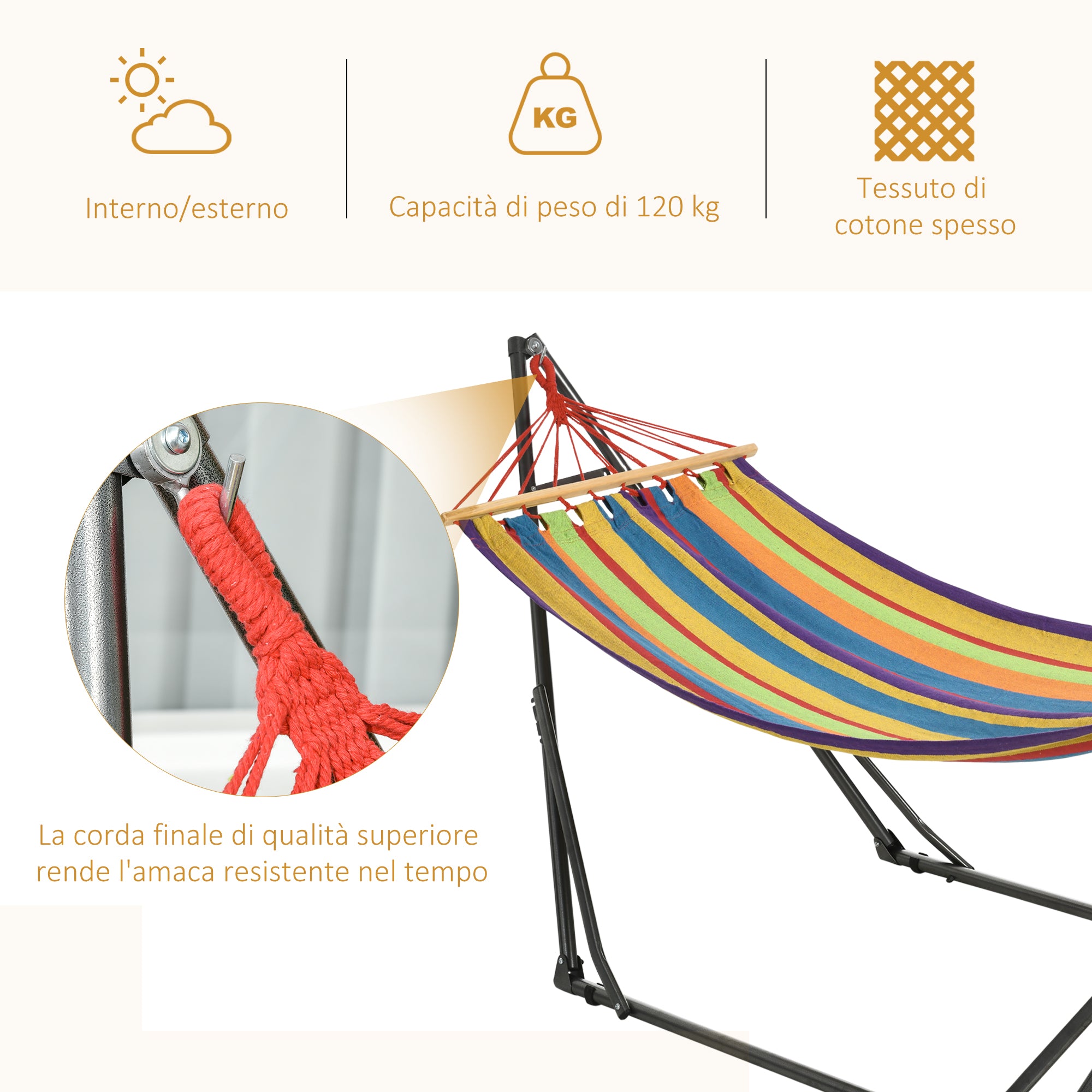 Outsunny Freestanding Hammock with Folding Stand, Cotton Lounger and Steel Frame, Multicolored