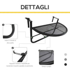 Outsunny Folding Railing Table with 3 Adjustable Heights, Metal, 60x45x50cm, Black