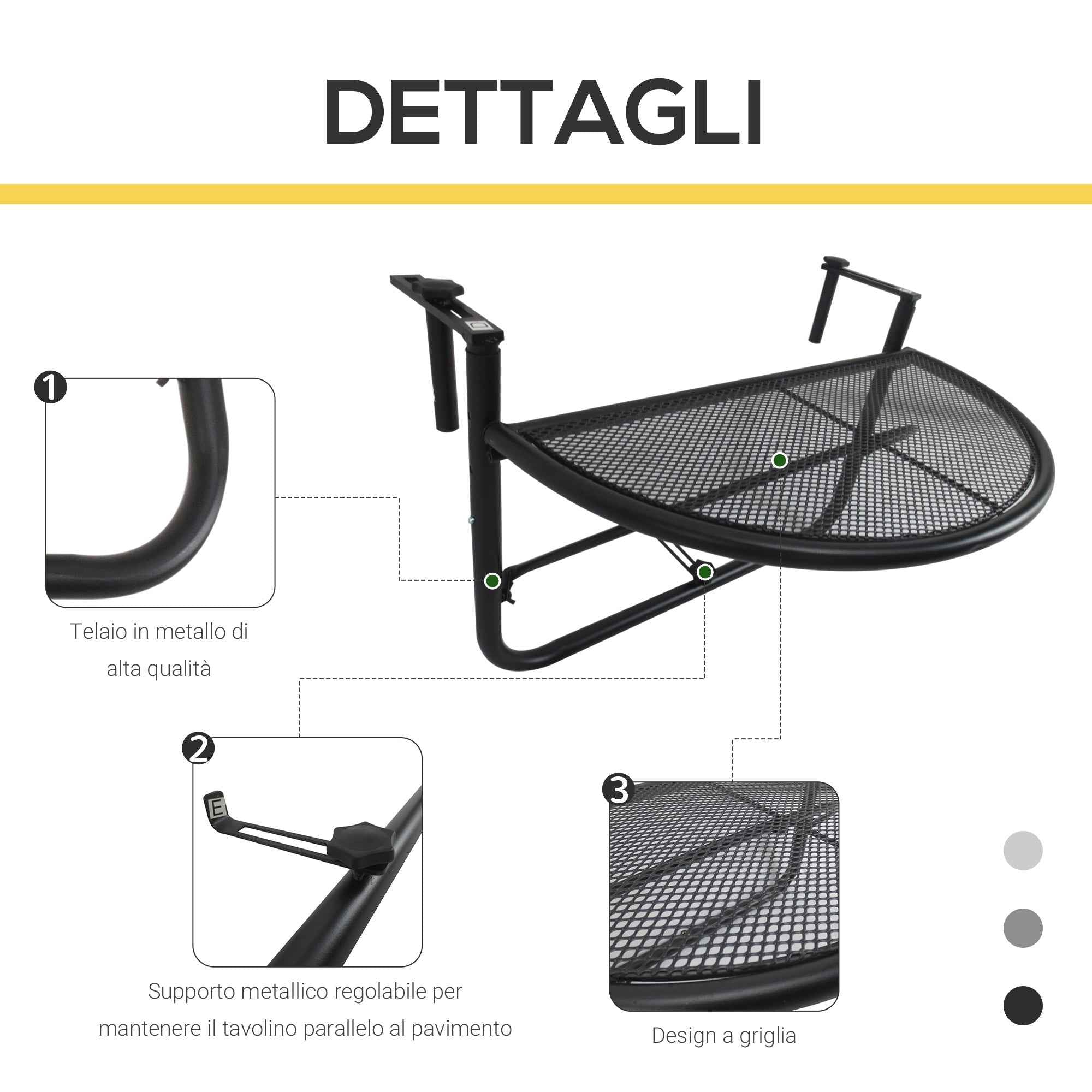 Outsunny Folding Railing Table with 3 Adjustable Heights, Metal, 60x45x50cm, Black