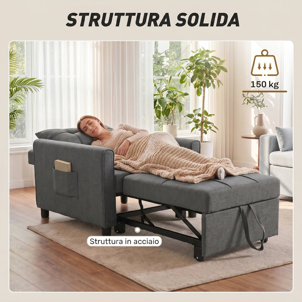 HOMCOM 3-in-1 Single Sofa Bed in Linen-Effect Fabric and Wood with Reclining Backrest, 69x82x85 cm, Grey