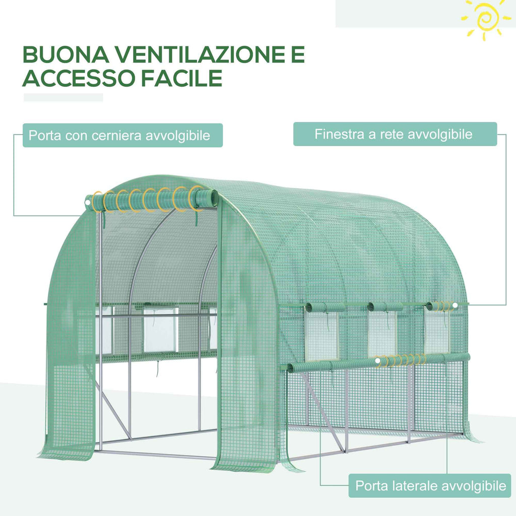Outsunny 3x2x2m Steel Vegetable Garden Greenhouse with PE Cover, Zip Doors and Mesh Windows, Green
