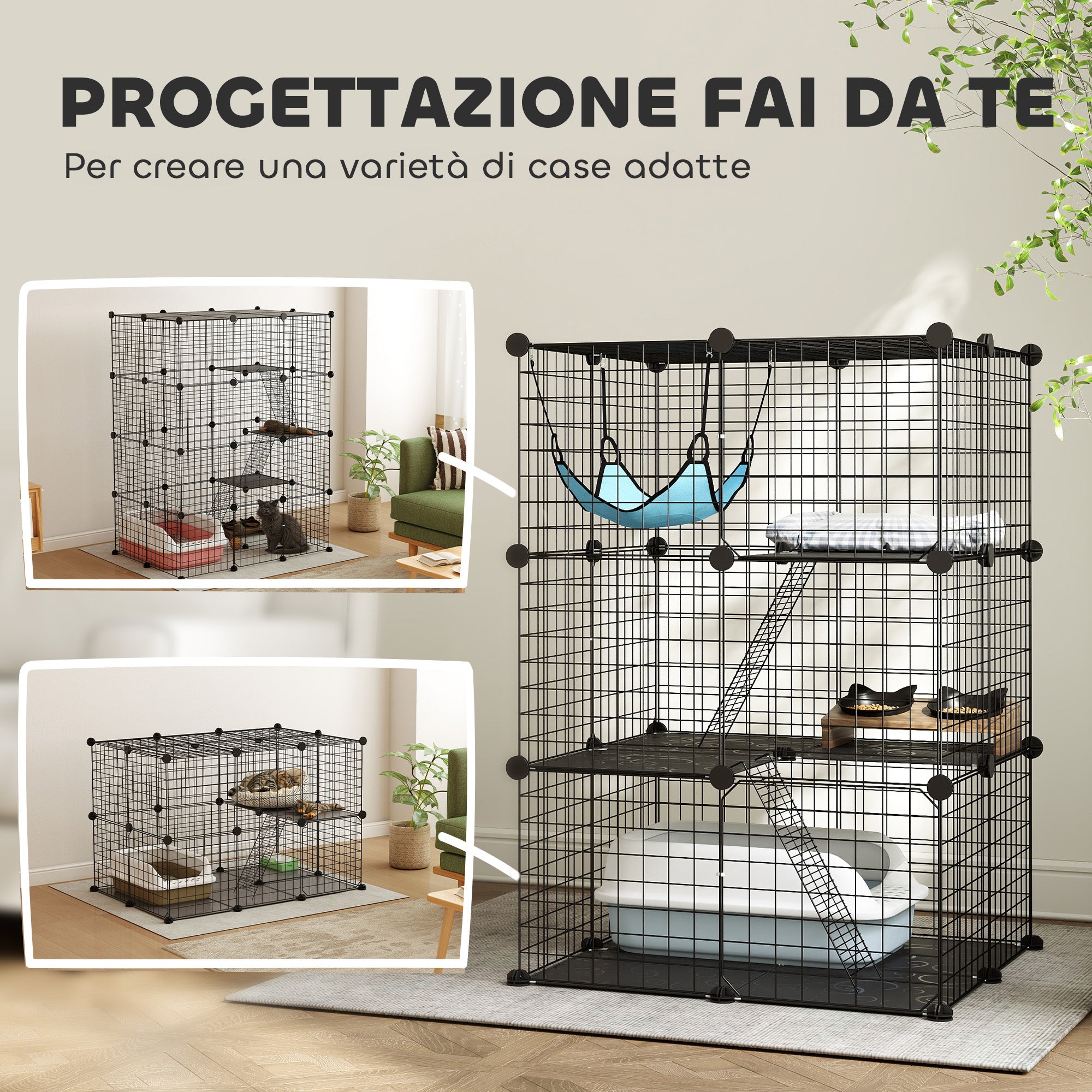 PawHut Cat Cage, Customizable 3-Tier Enclosure, 105cm, Black