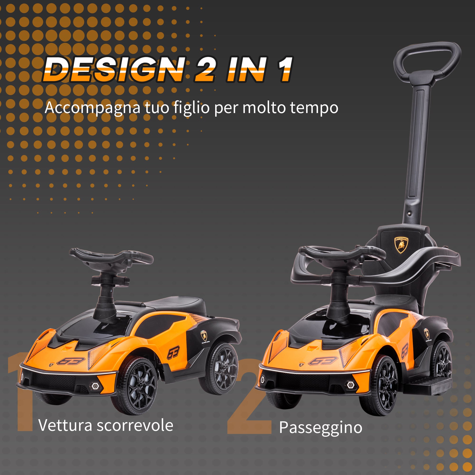 2 in 1 Children's Toy Car with Handle and Safety Barrier, 86.5x40x89.5 cm, Orange and Black