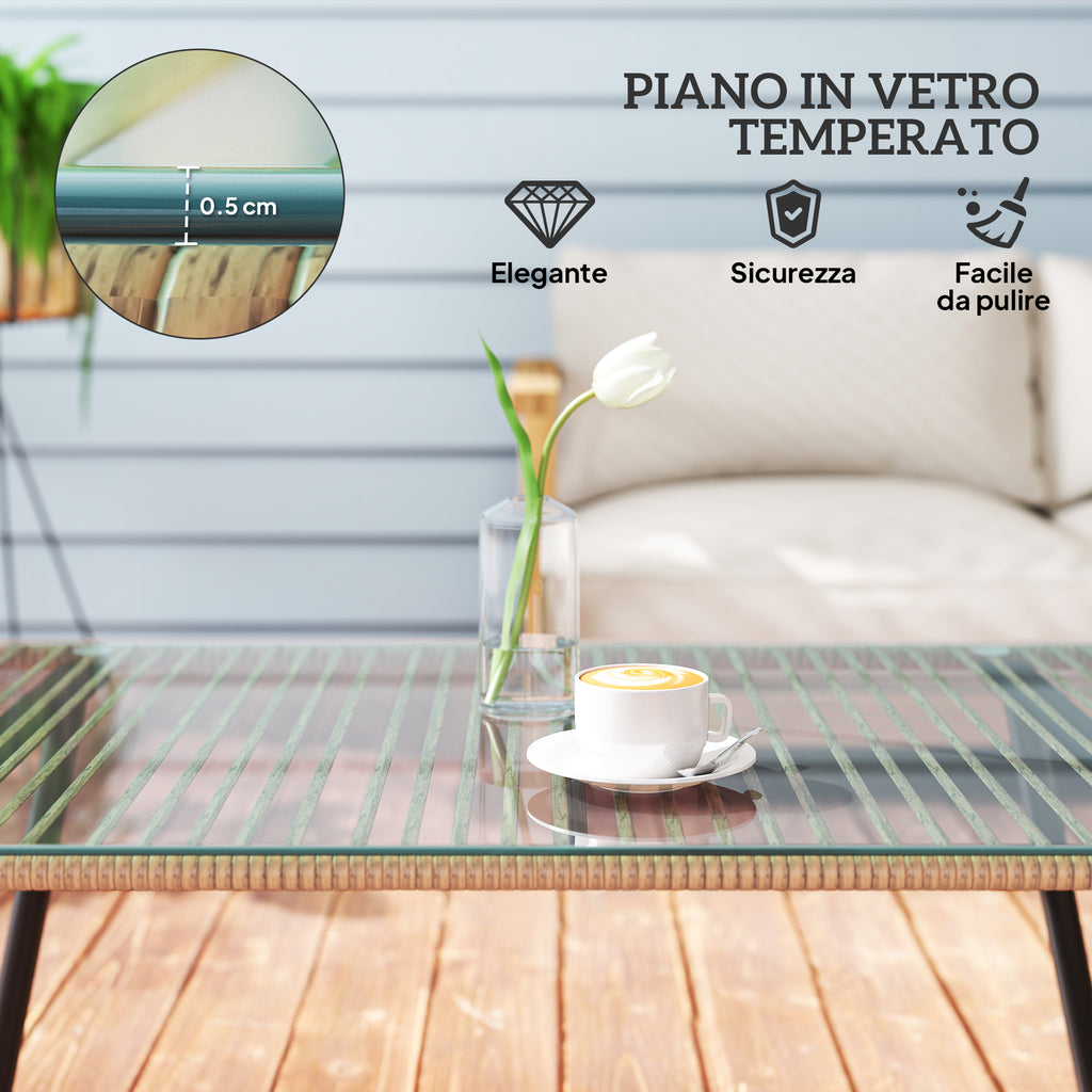 PE Rattan Garden Table with Glass and Steel Top, 110x60x40 cm, Natural Wood