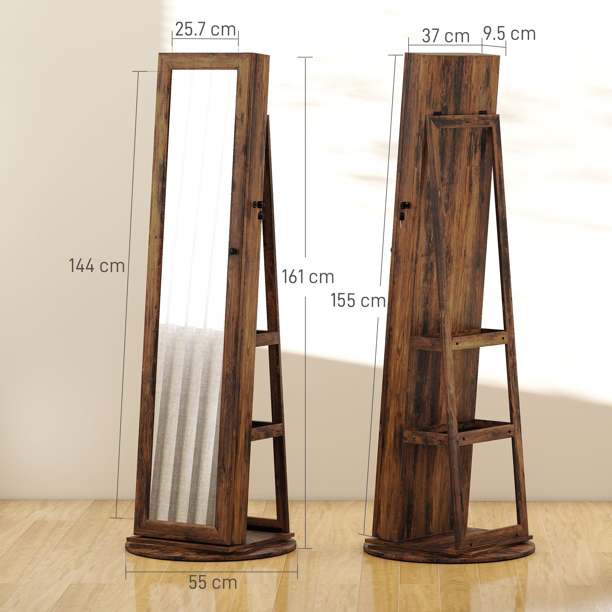 360° Swivel Floor-Standing Jewelry Mirror with Shelves and Key Lock, 55x55x161 cm, Rustic Brown