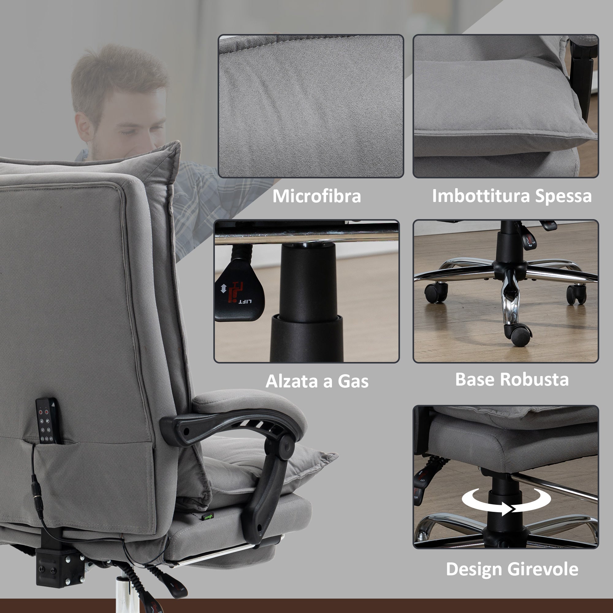 Heated Massage Office Chair, 155° Reclining with Extendable Footrest, Grey