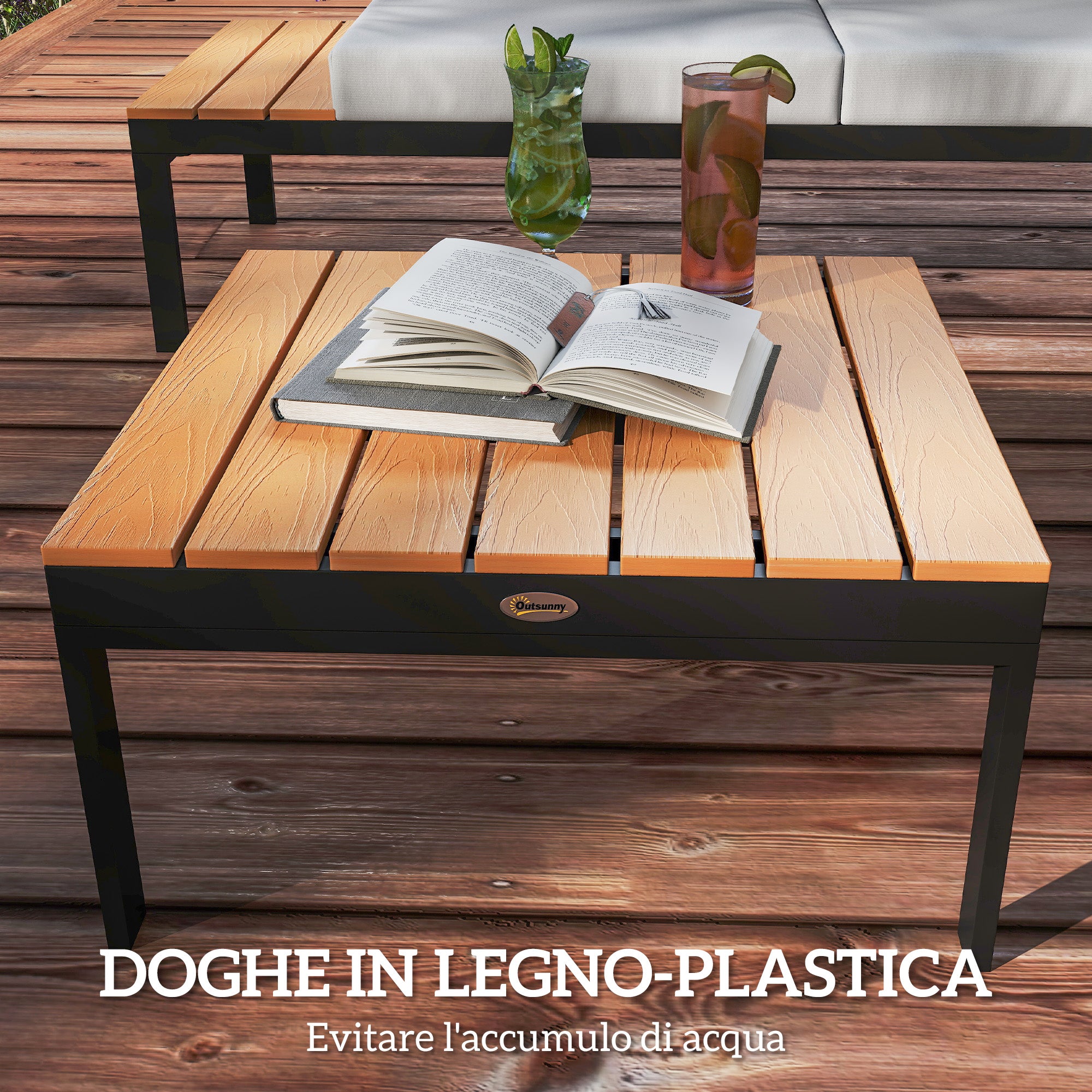 4 Piece Garden Set with 2 2 Seater Sofas and 2 Coffee Tables in Metal and Composite Wood, Grey Black and Teak