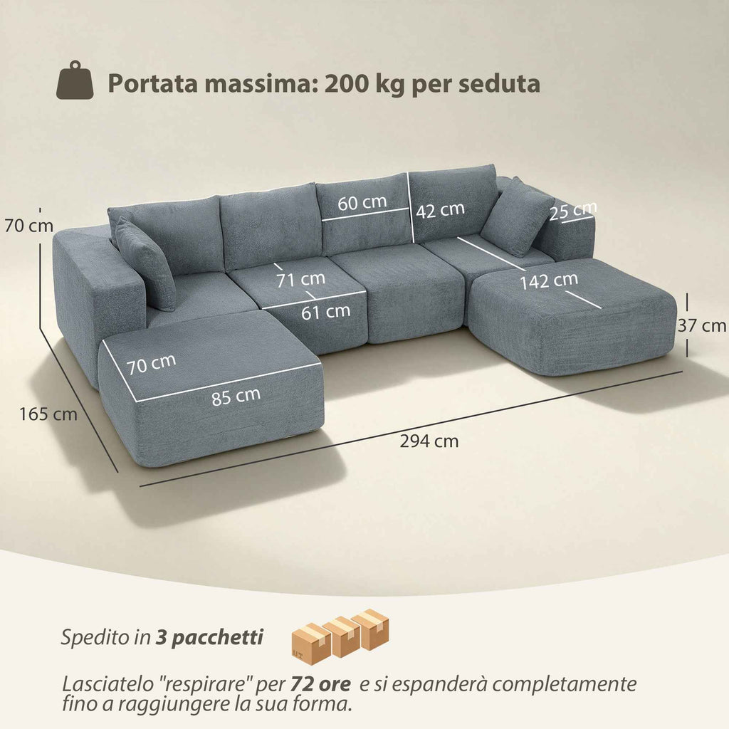 Modular Corner Sofa in Velvet Fabric with Cushions, 294x165x70 cm, Dark Grey