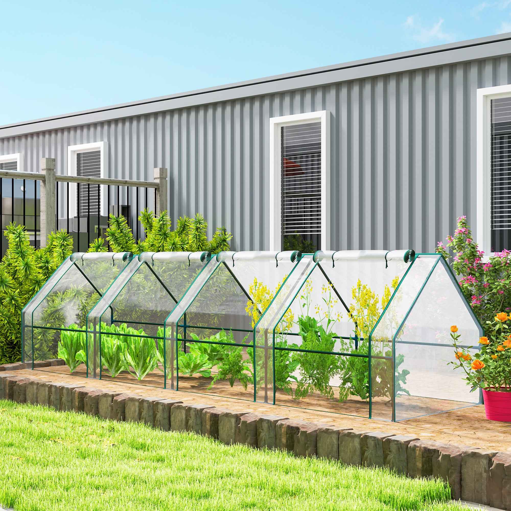 Outsunny 4-Door Roll-Up Mini Garden Greenhouse with Extended Cover, Steel and PE, 360x90x90 cm, Transparent