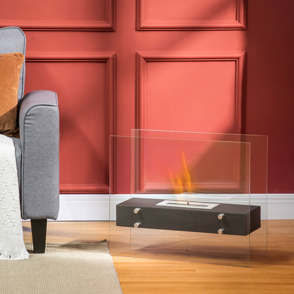 Bioethanol Fireplace in Metal and Glass, 3h of Combustion with 1.5L Tank and 25m² Coverage, 60x26x50 cm, Black