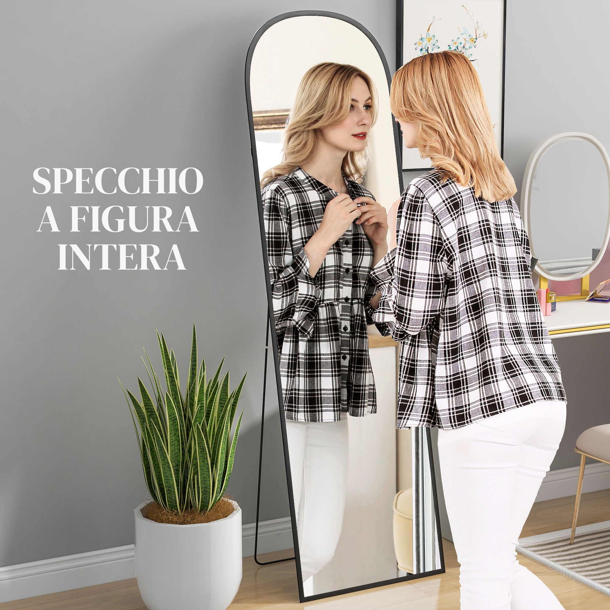 Modern Aluminum Alloy Floor and Wall Mirror with Folding Stand, 50x170 cm, Black