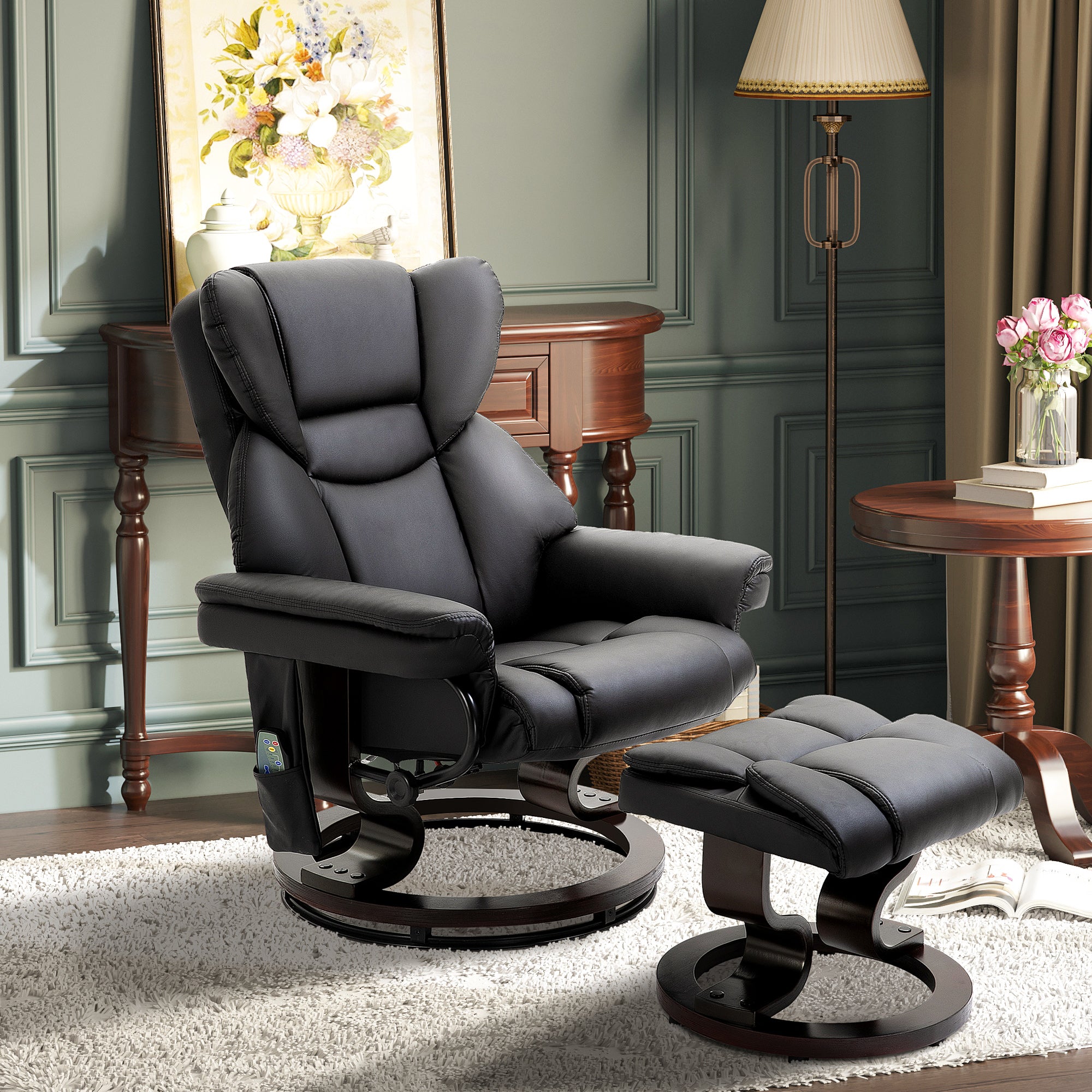 Relaxing Chair with Ottoman, Footrest and Massage Function, 145° Reclining and 360° Swivel, Black