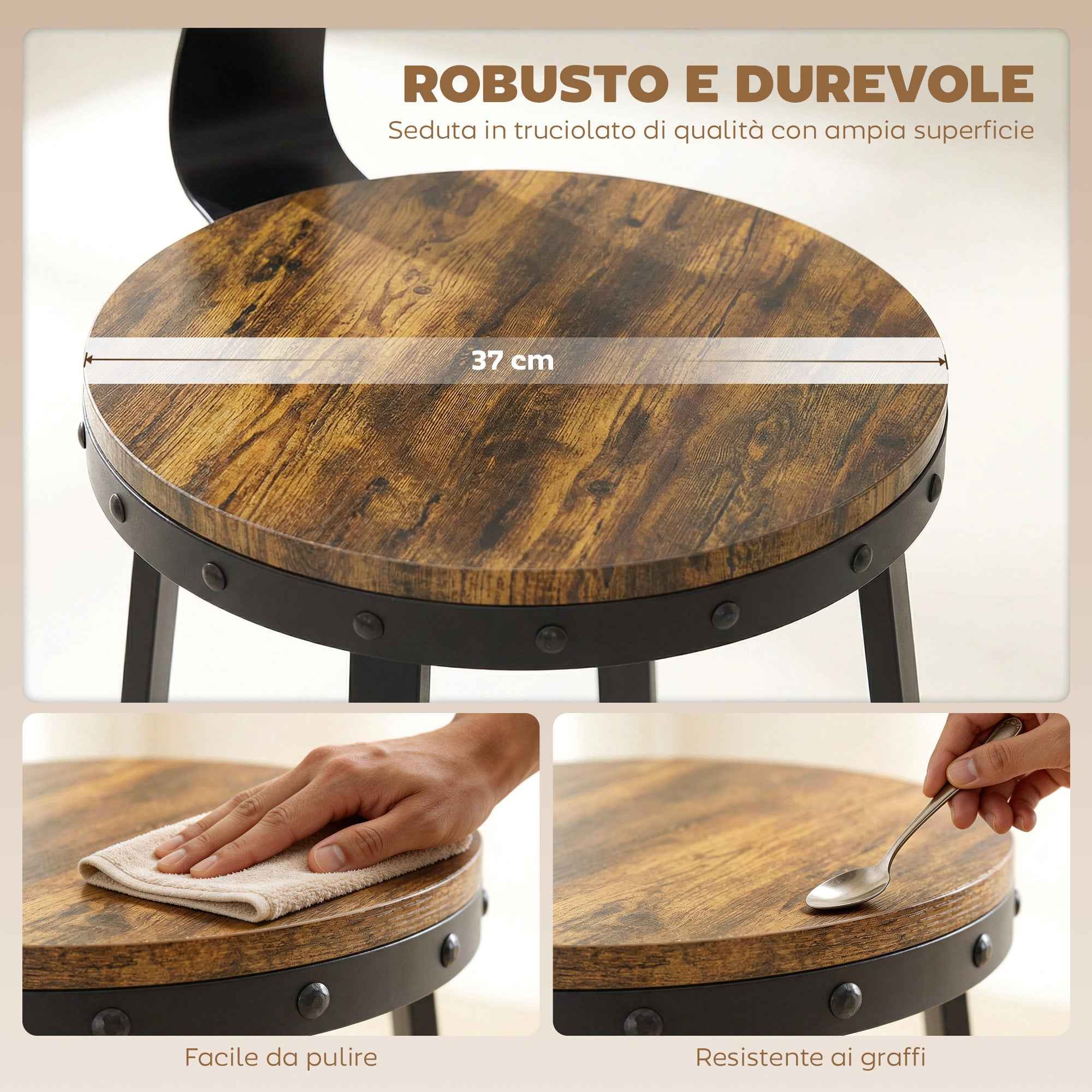Set of 2 Rustic Bar Stools with Footrest, Wood and Metal, 37x47x96 cm, Brown