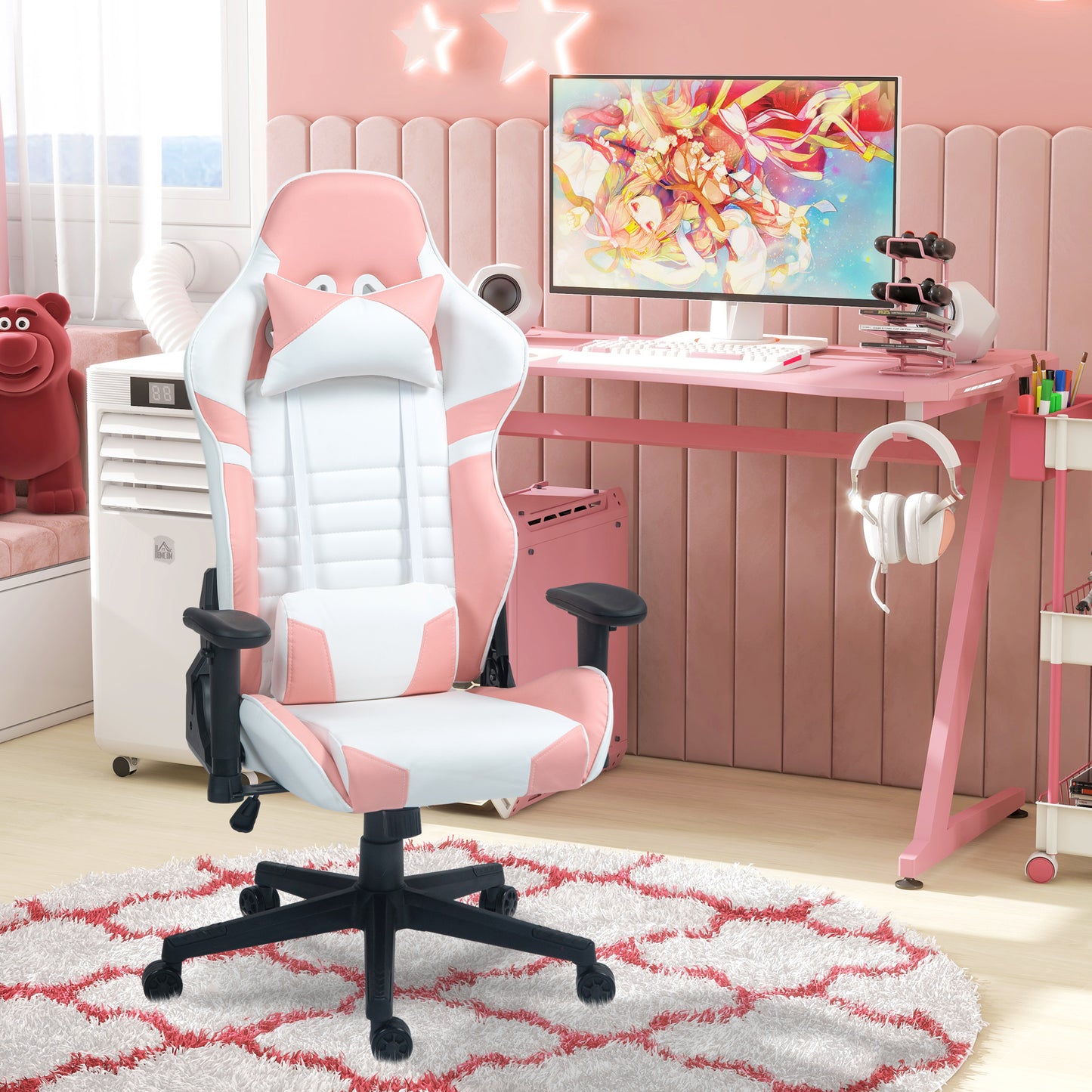 HOMCOM Gaming Chair in Faux Leather Reclining Up to 155° with Headrest and Lumbar Support, Pink - Borgè