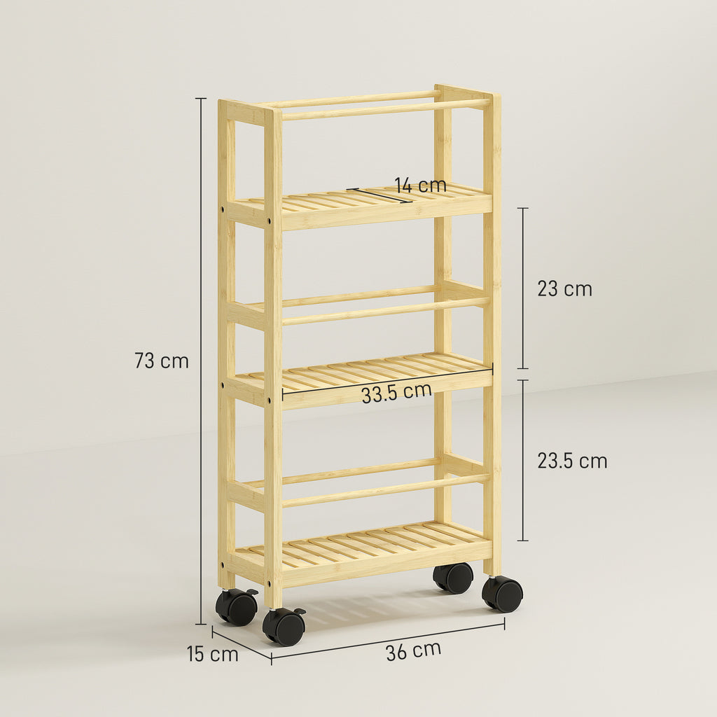 3-Tier Bathroom Shelf with Wheels, Bamboo Wood Trolley, 36x15x73 cm, Wood Color