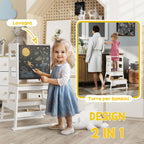 Montessori Tower for Children with Blackboard and Railing, Wooden, 55x52.5x87.5 cm, White and Wood color