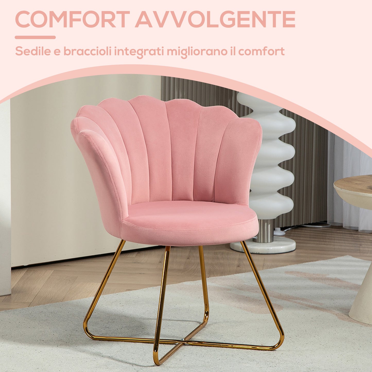 Modern Ergonomic Chair with Pink Velvet Petal Backrest and Gold Cross Legs, 69x64x80 cm