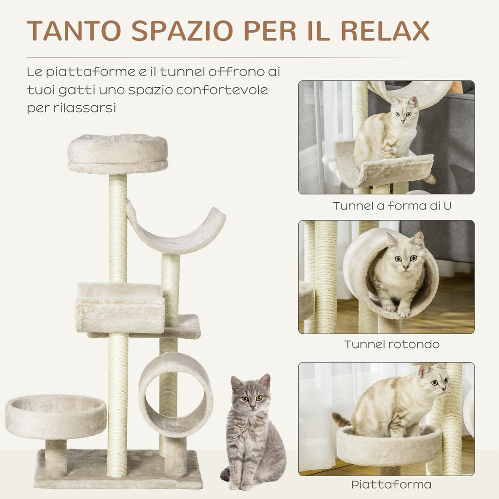 Cat Tree Toy with Different Platforms in Natural Sisal, Height 105cm, Cream