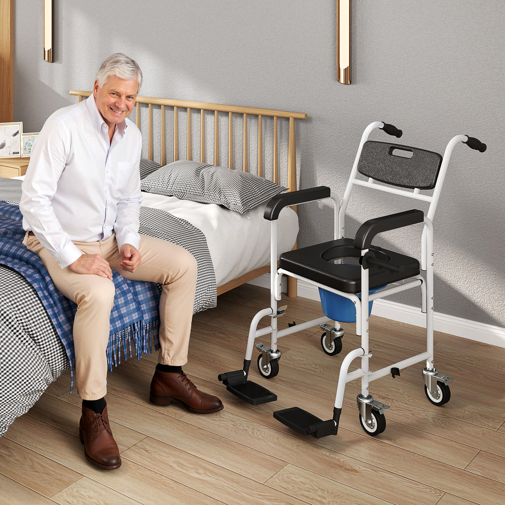 Wheelchair with Waterproof Toilet 4 in 1 with Folding Footrest, in Aluminum and Plastic, Black