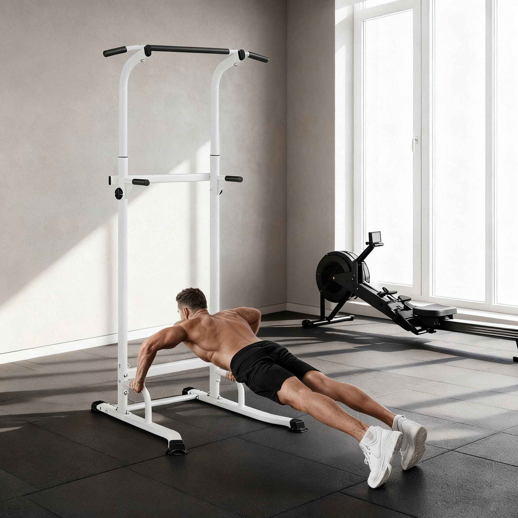 SPORTNOW Fitness Station with Dip and Pull-Up Bars, Adjustable Height 176.5-227 cm and 120 kg Capacity, White