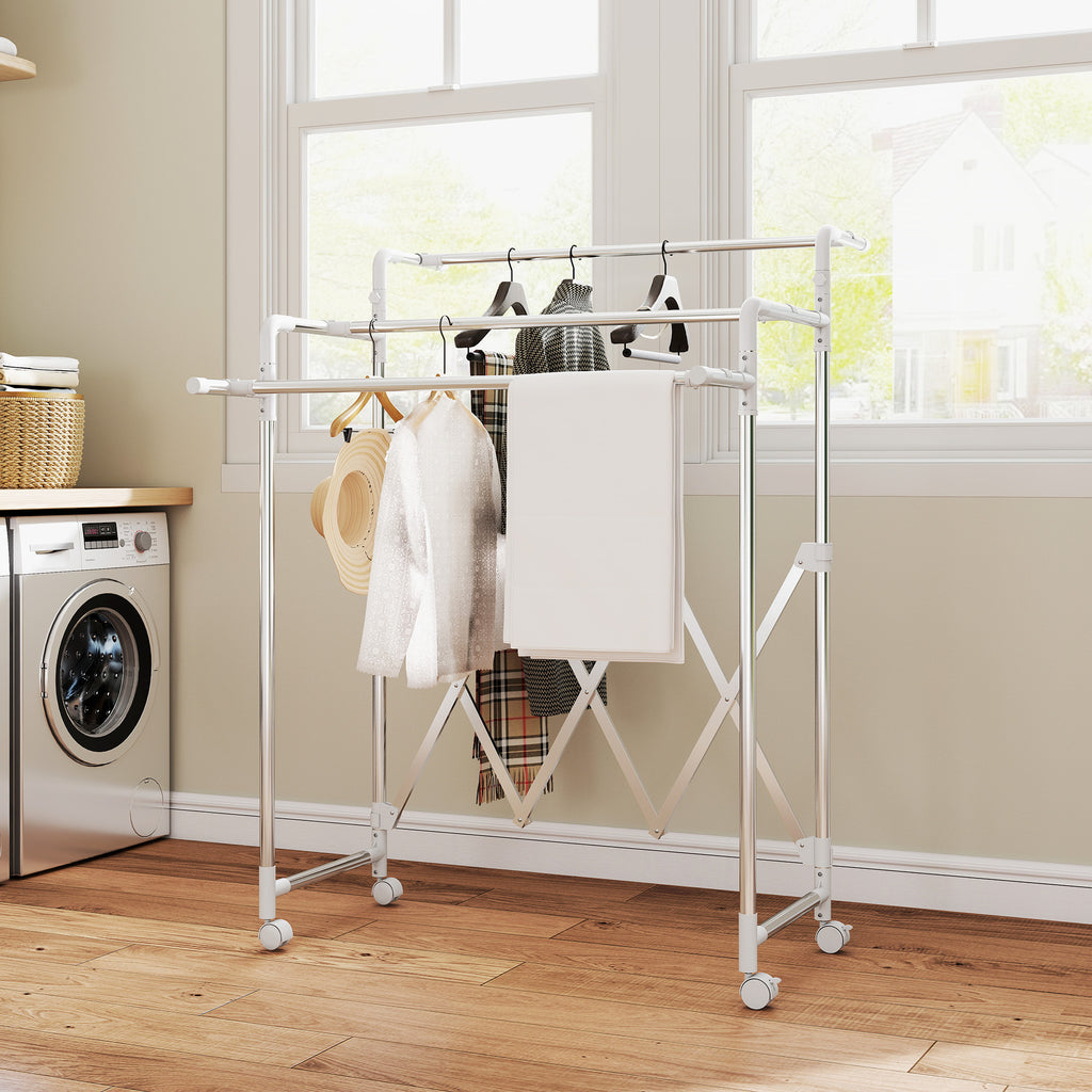 Folding Clothes Airer with 3 Adjustable Bars, Swivel Wheels and Stainless Steel Frame, Silver
