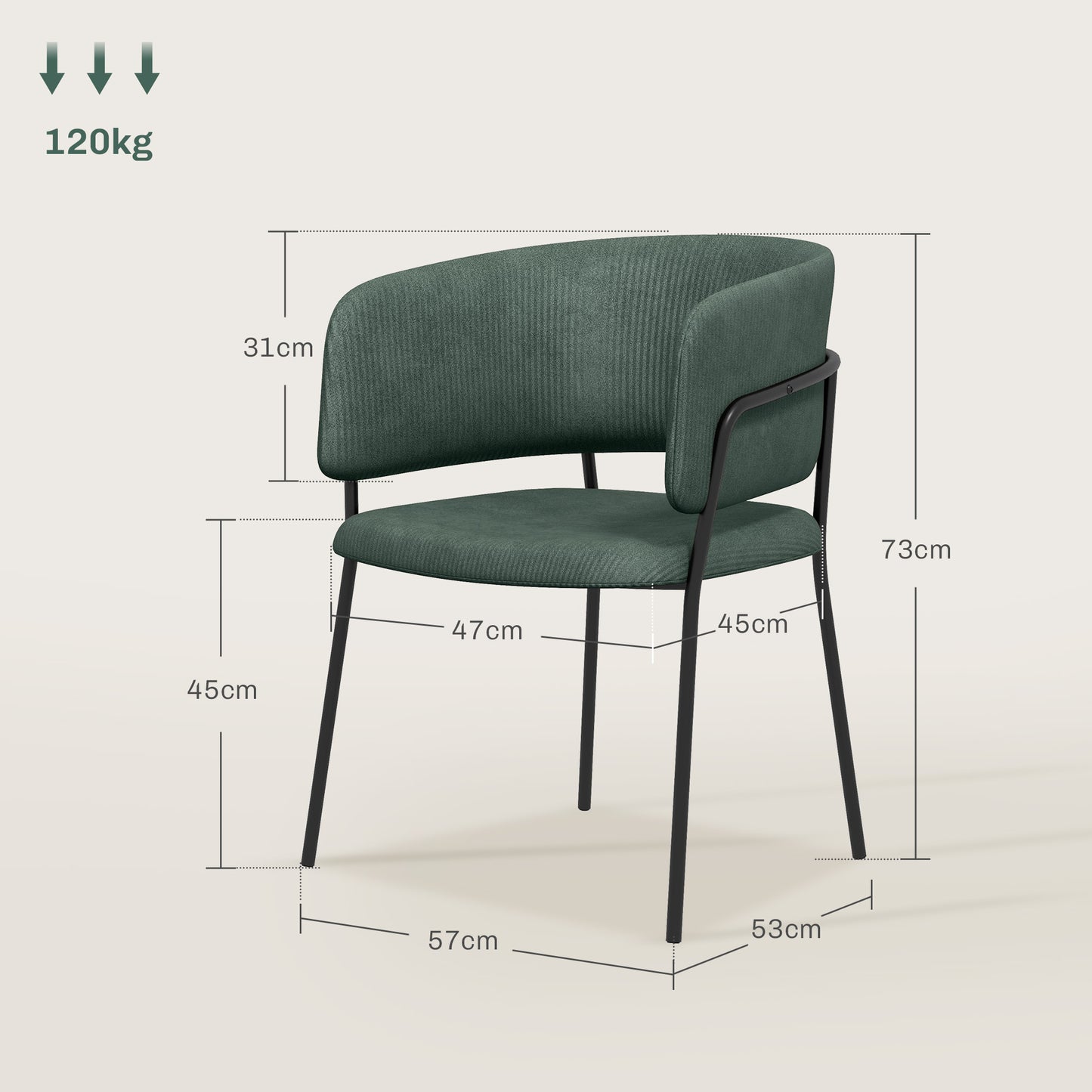 Set of 2 Upholstered Kitchen Dining Chairs, in Velvet Effect Fabric and Steel, 57x53x73 cm, Green