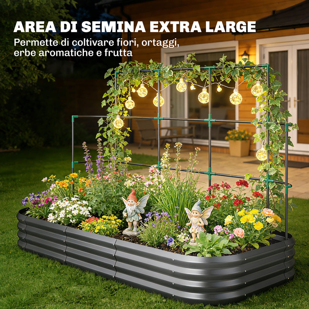 Outsunny Raised Vegetable Garden with Trellis for Climbing Plants and Open Metal Bottom, 220x110x150 cm, Dark Grey