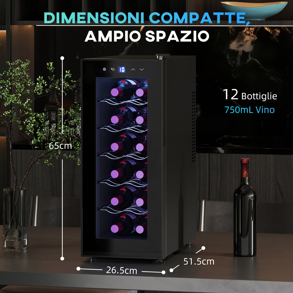 12 Bottle Refrigerator Cooler with Dual Temperature Control, Adjustable Shelves and Lights, Black