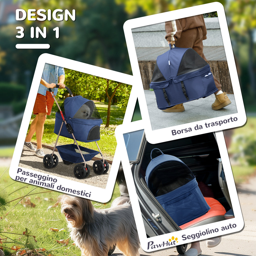 3 in 1 Foldable Dog Stroller with Carrying Bag and Bottom Basket, Blue