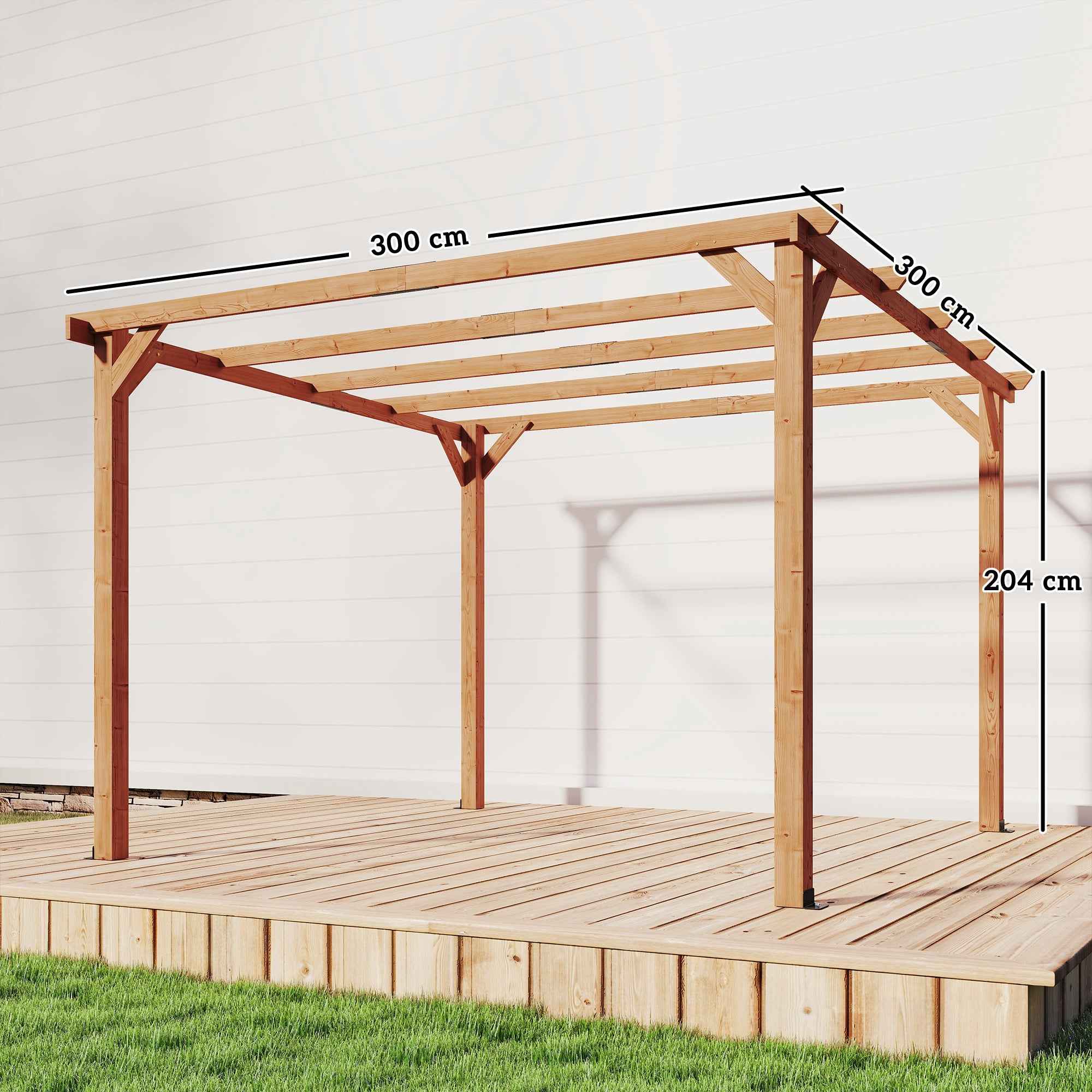 3x3 m Fir Wood Garden Pergola with Triangular Supports and 5 Beams, Wood Color