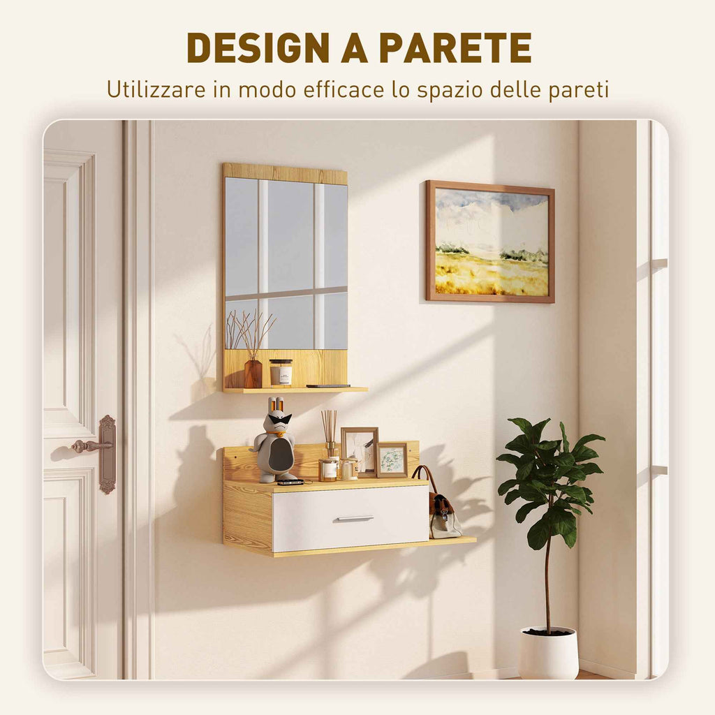 Hallway Set with Mirror, Shelf, Wall Cabinet with Drawer and 2 Open Shelves, Wood and Glass