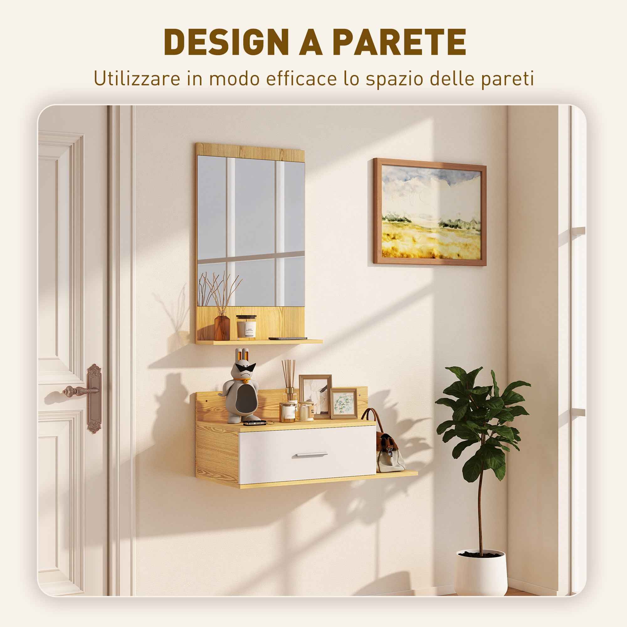 Hallway Set with Mirror, Shelf, Wall Cabinet with Drawer and 2 Open Shelves, Wood and Glass
