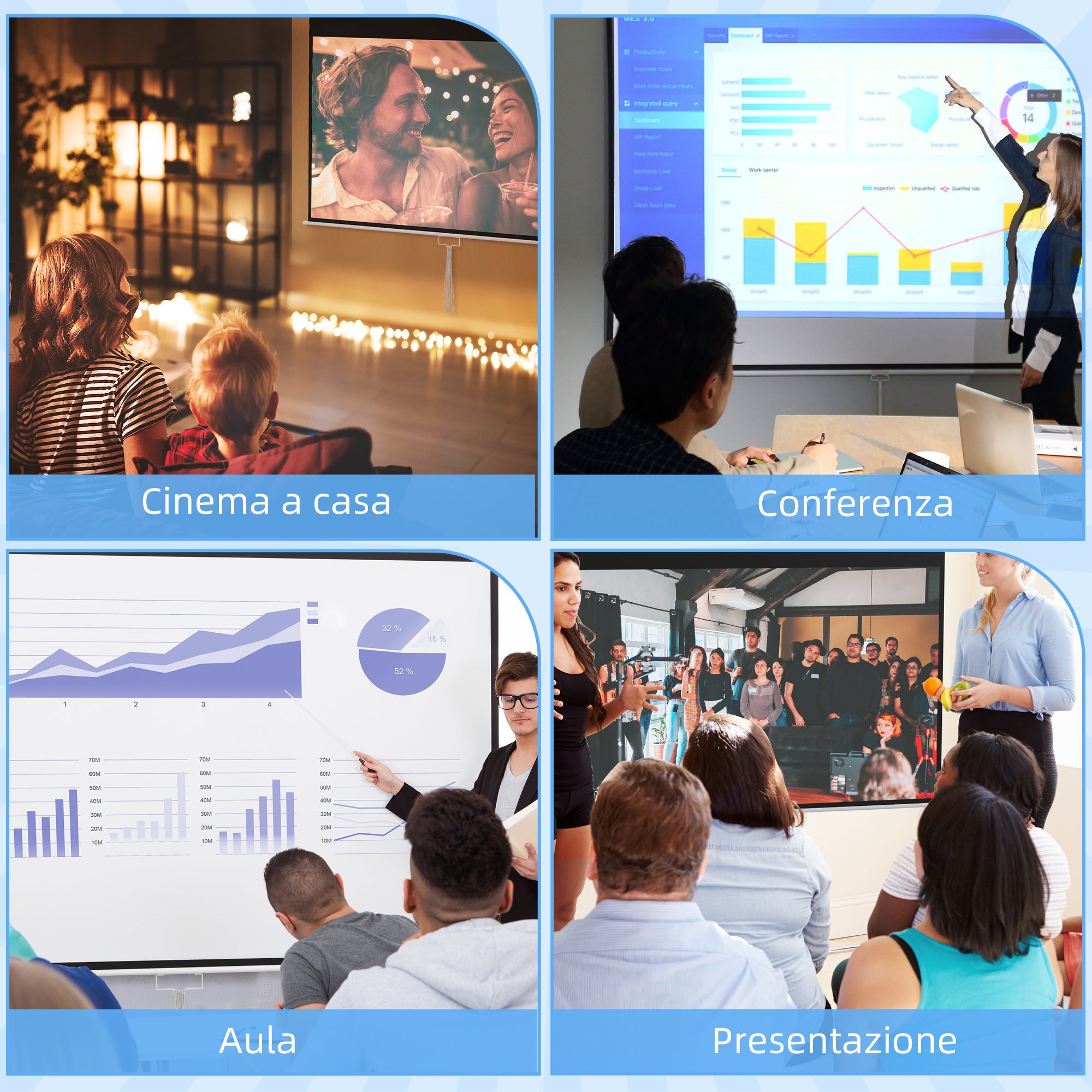 120" Projector Screen, 16:9 Ratio, Wall and Ceiling Mountable for Home and Office, White